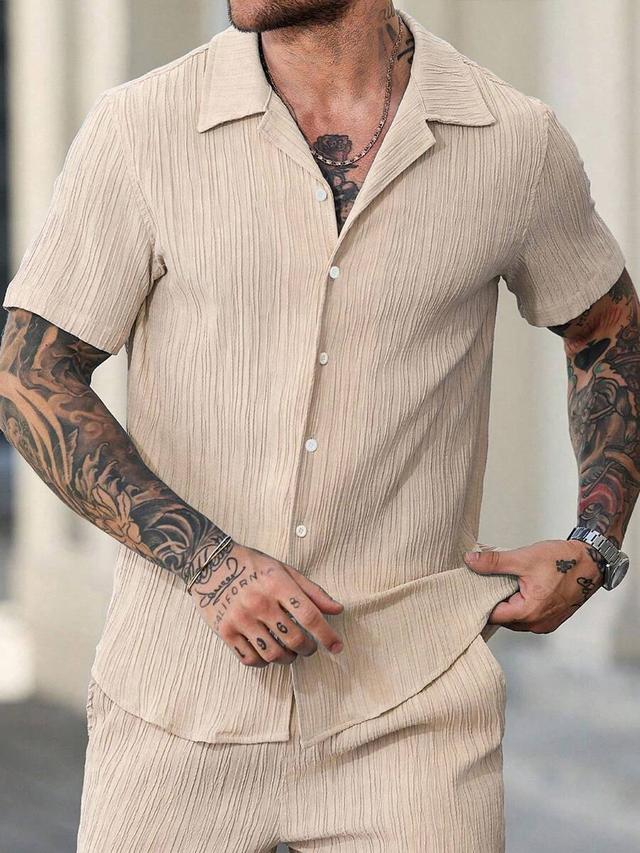 beige textured short sleeve button down shirt