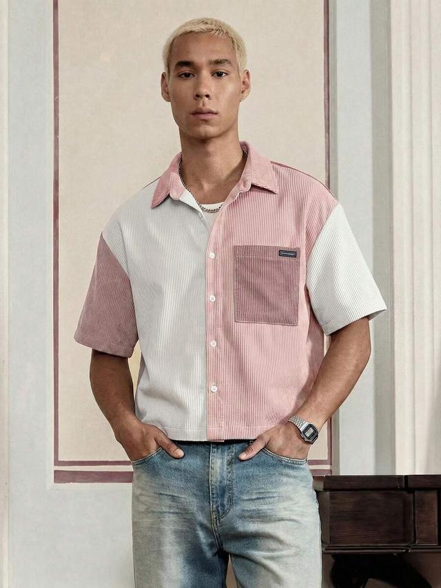 norveth men's patchwork corduroy short sleeve shirt