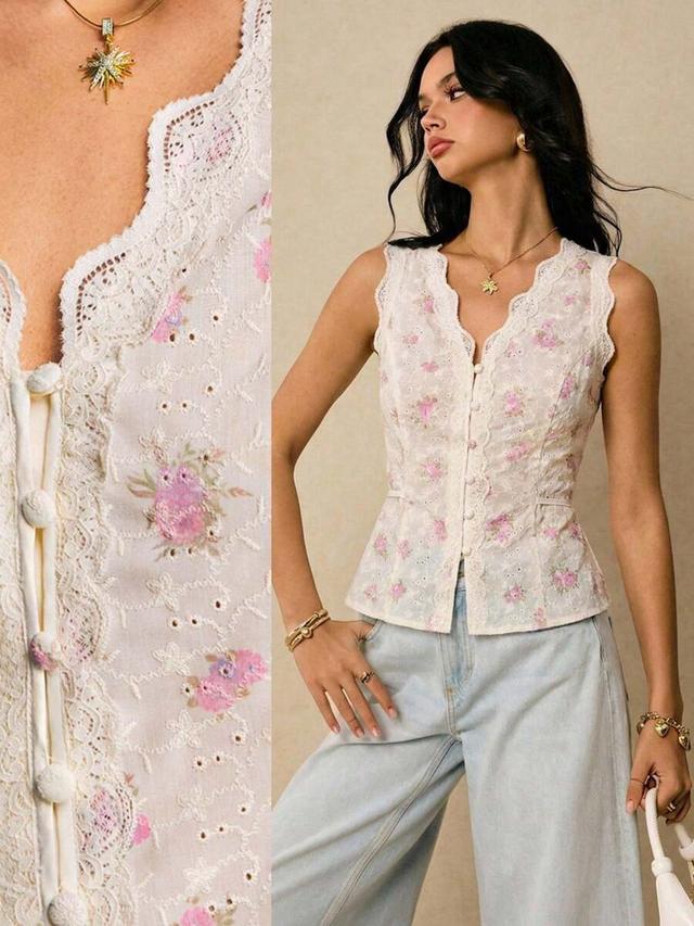 floral off-white lace patchwork schiffli v-neck camisole