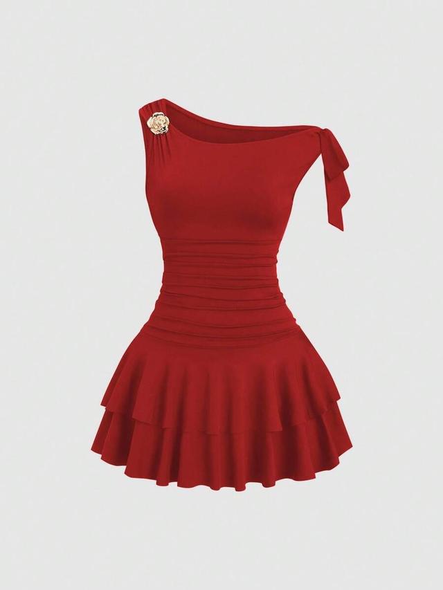 red floral decor ruffle trim fitted shoulder strap dress