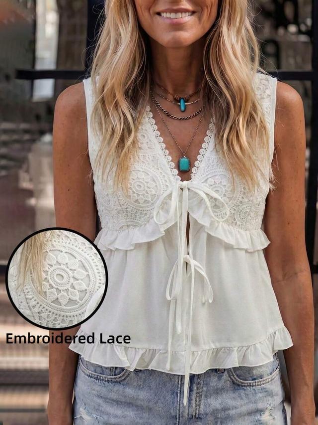 white lace crochet sleeveless v-neck ruffle tie-waist top