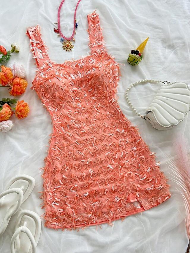 peach sequin fringe bodycon mini dress
