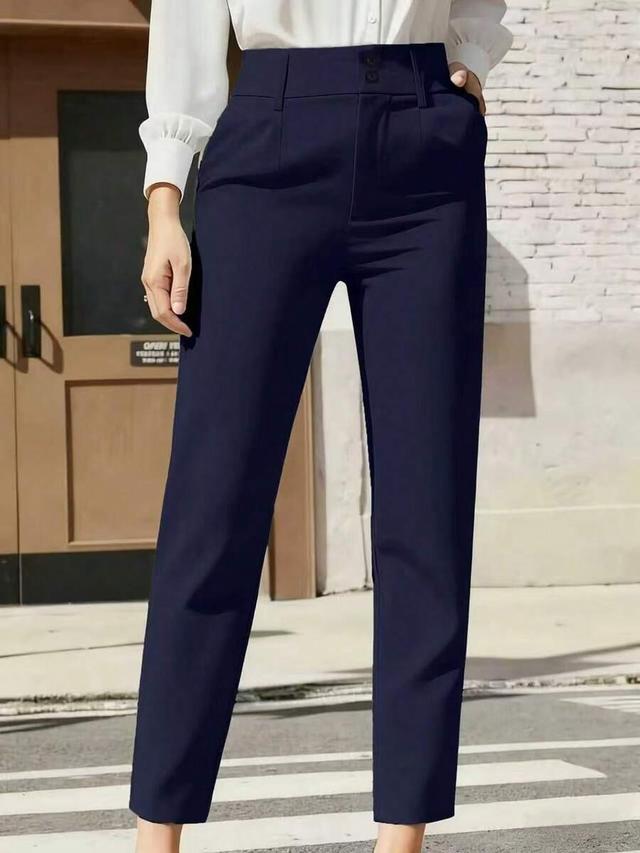 navy high waist double button professional trousers
