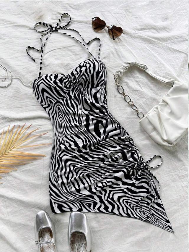 zebra print halter neck asymmetric bodycon mini dress