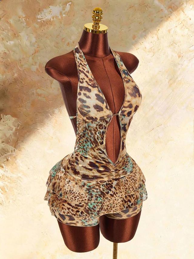halter neck sleeveless cutout leopard print bodycon jumpsuit