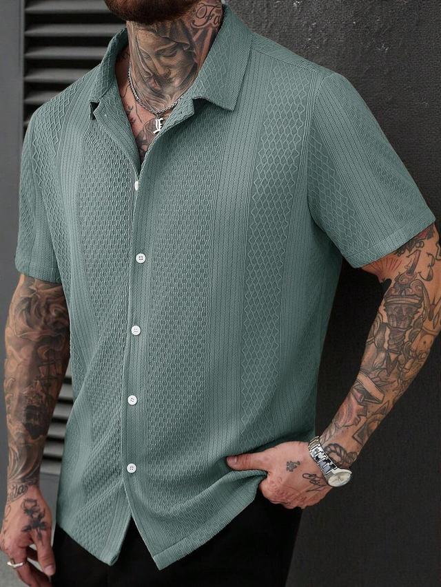 solid color sage green jacquard knit short sleeve shirt