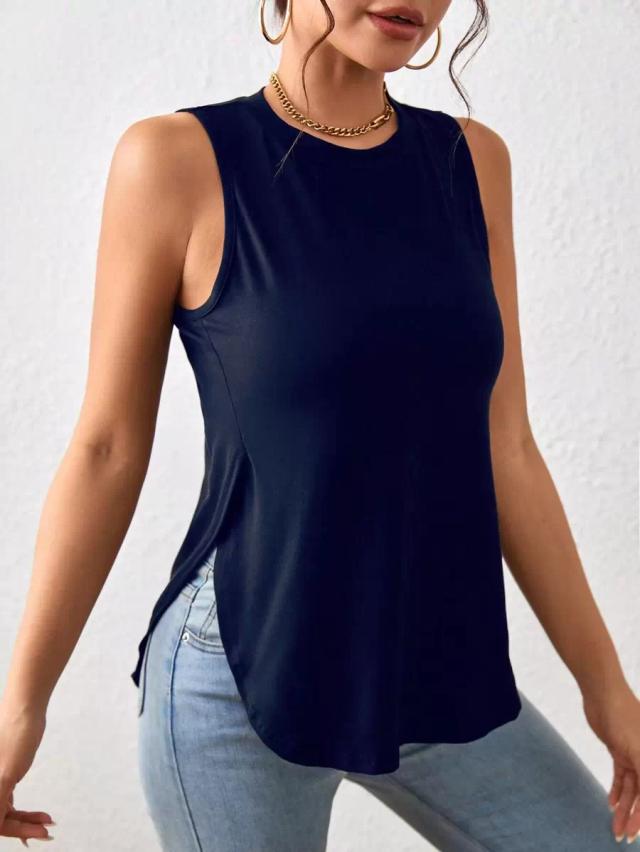 solid navy curved hem sleeveless tank top