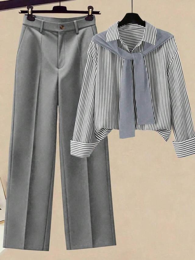 grey striped shawl collar blouse and wide leg pants