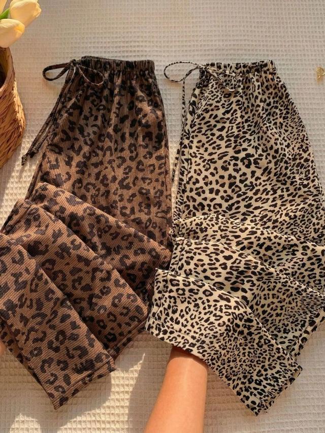 brown leopard leopard print woven wide leg drawstring trousers