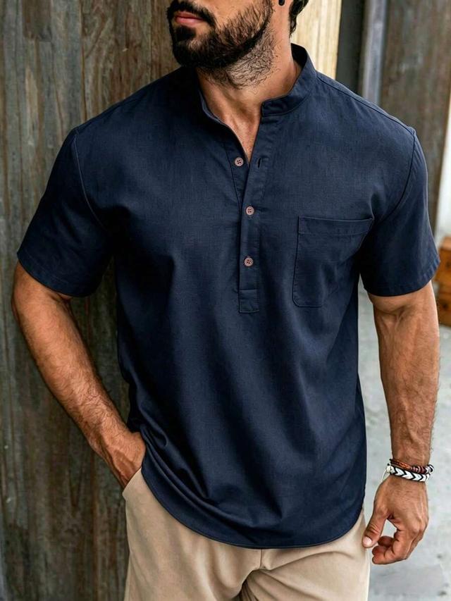 navy blue short sleeve mandarin collar linen shirt