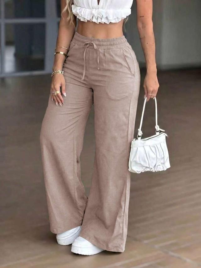 solid color drawstring linen-style wide leg pants