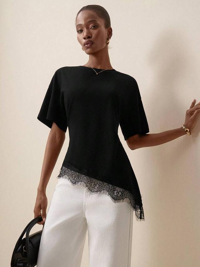 black lace patchwork asymmetrical hem casual top