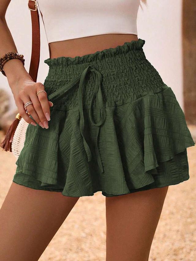 olive green textured ruffle drawstring shorts