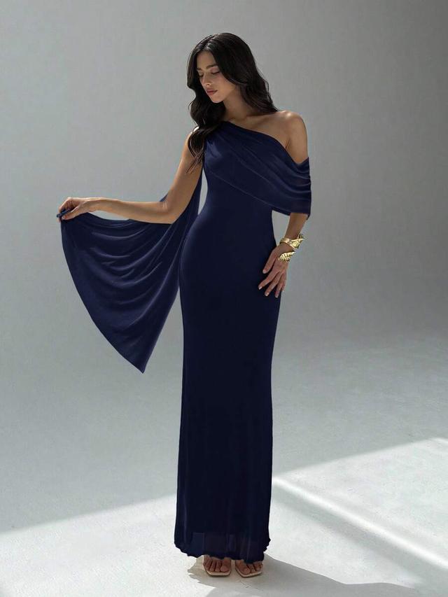 navy blue asymmetric shoulder bodycon evening dress