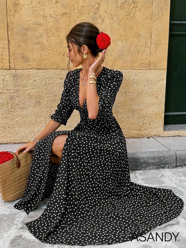 women's deep v-neck polka dot mid-sleeve button front dress
