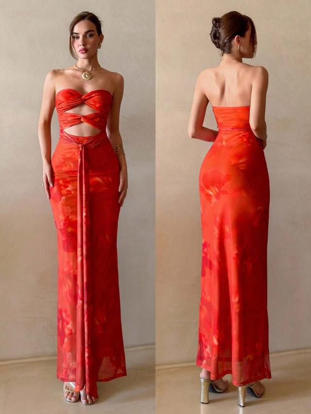 red floral twist knot cut-out maxi dress
