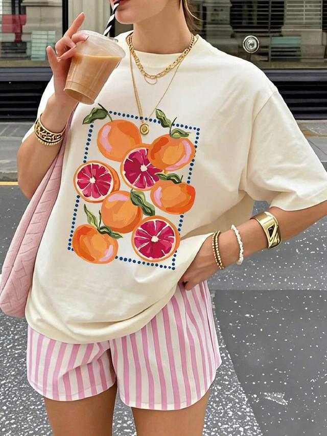 cream casual cream orange print round neck short sleeve t-shirt