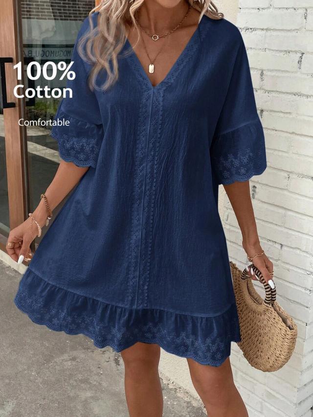 navy blue cotton eyelet trim shift dress