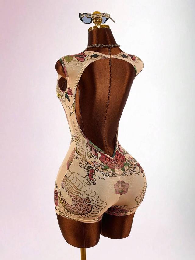 tattoo print mesh bodysuit with open back