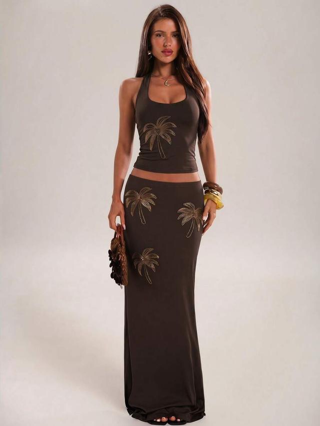 brown embroidered palm tree maxi skirt