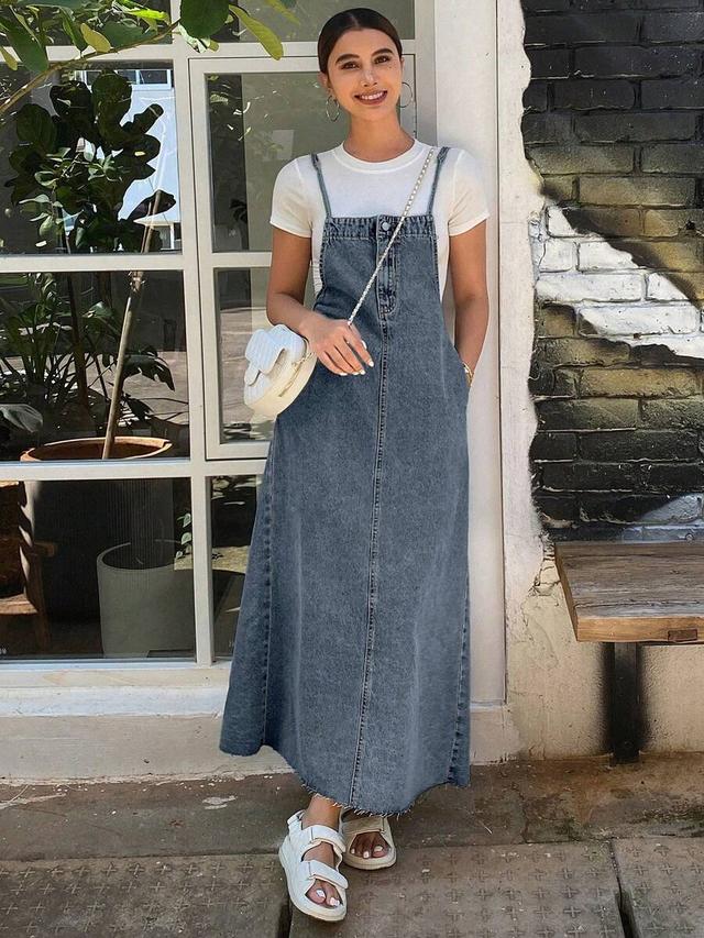 denim midi pinafore dress with raw hem