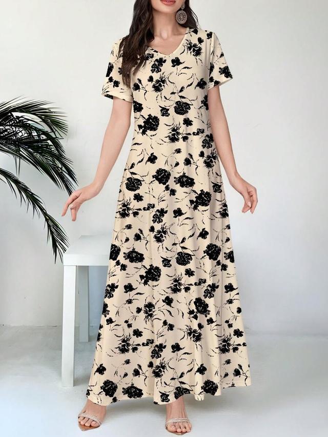 beige v-neck short sleeve floral print knit dress