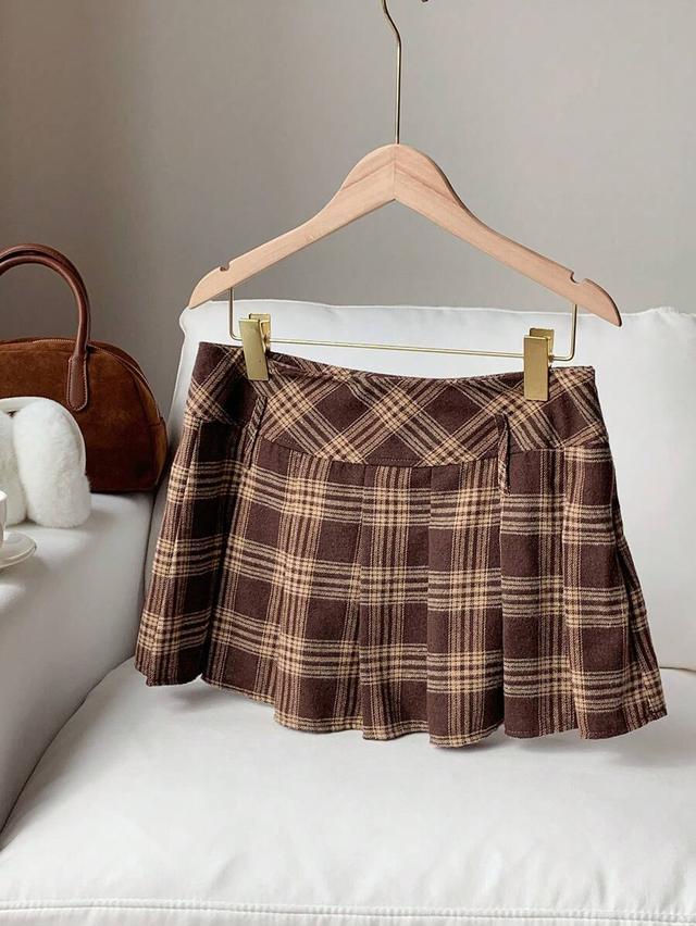 brown plaid collegiate style pleated mini skirt