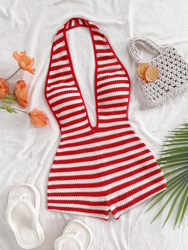 red and white striped crochet halter playsuit