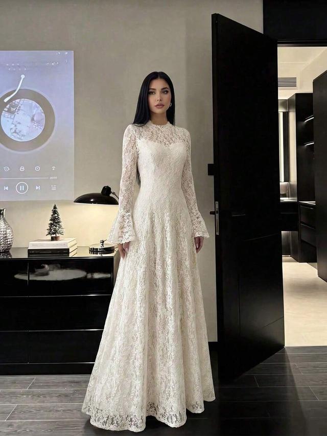 elegant lace patchwork mock neck waist cinched dress