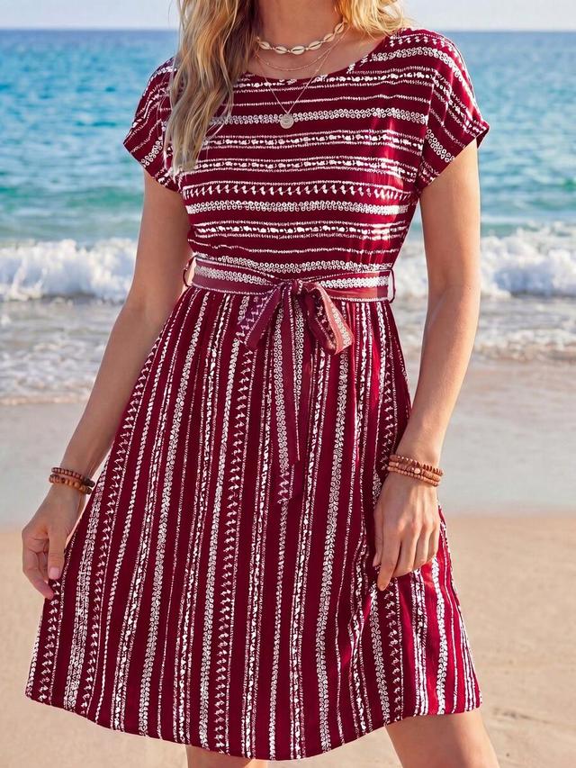 maroon printed cotton midi dress with waist tie