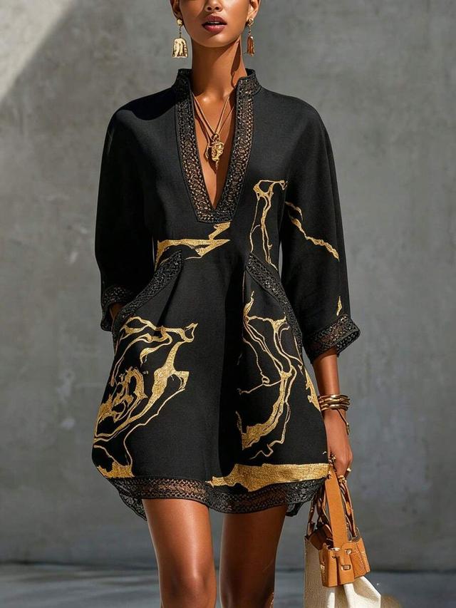 navy blue gold thread abstract printed lace trimmed dress