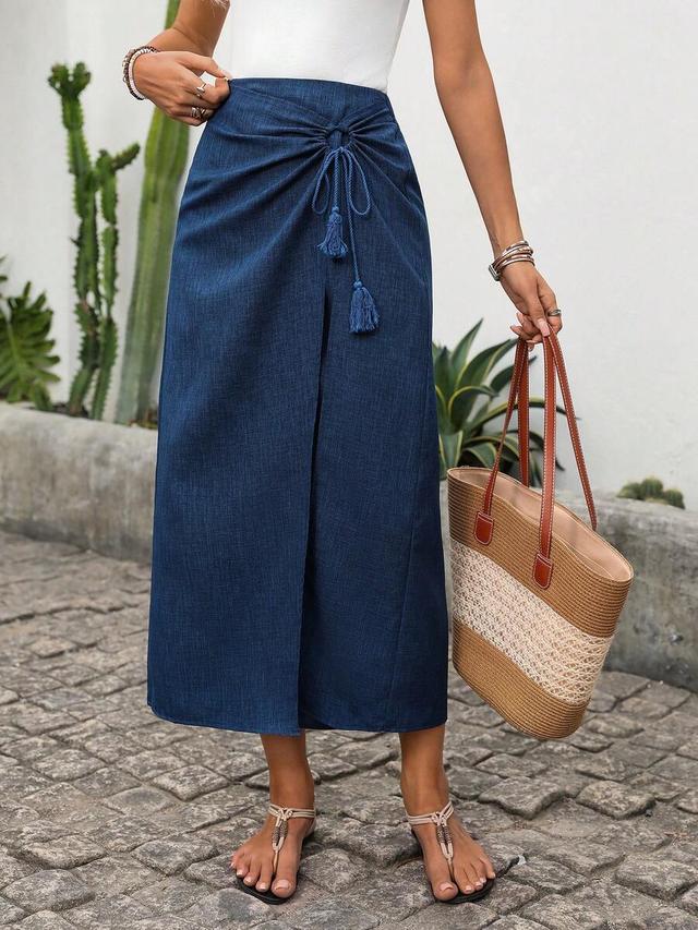 dusty blue high-waisted pleated tassel wrap skirt