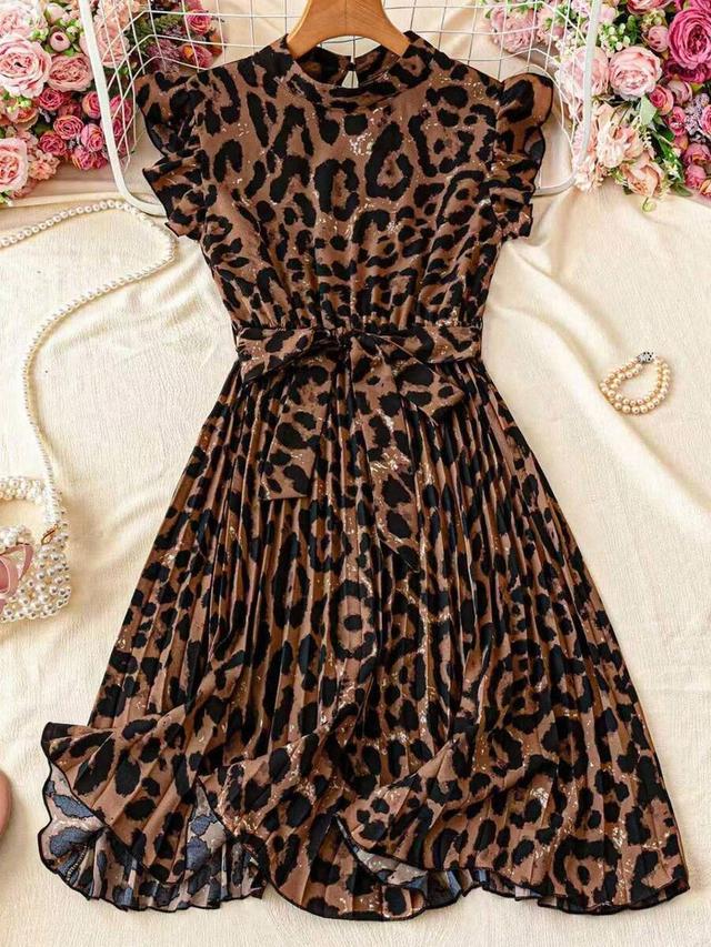 leopard print pleated midi dress with flutter sleeves