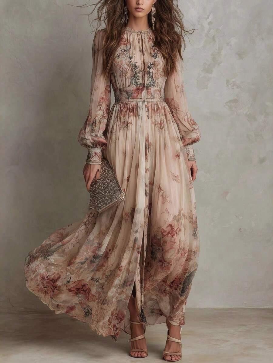 floral print silk chiffon maxi dress