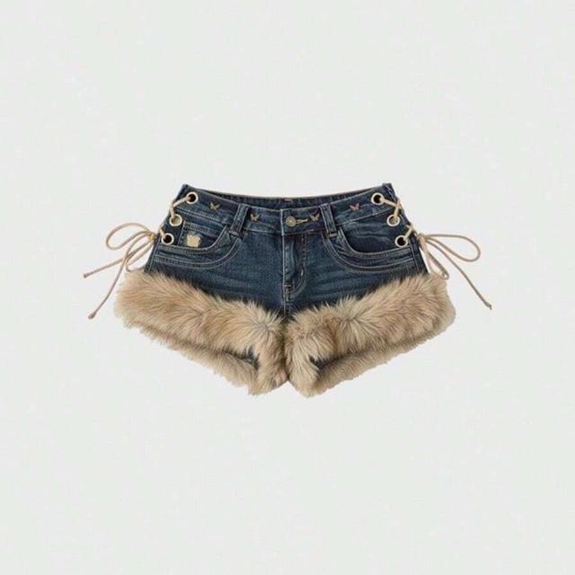 denim shorts with lace-up sides and faux fur trim