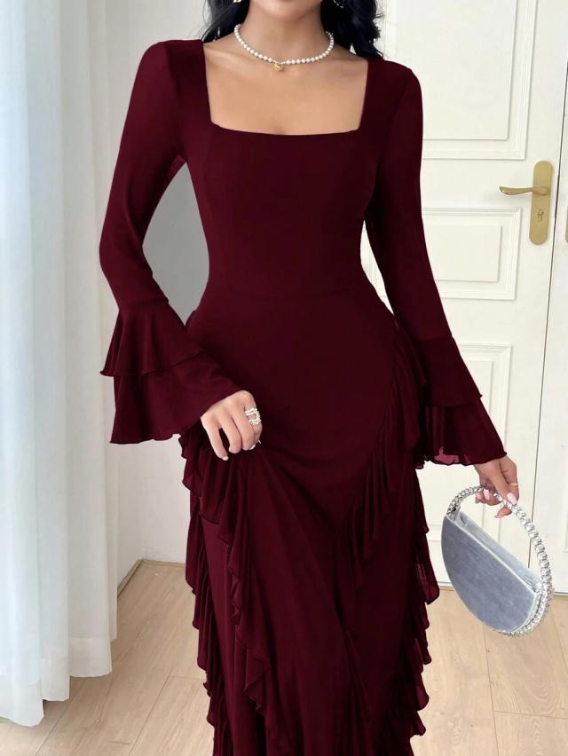 burgundy square neck bell sleeve ruffled long dress