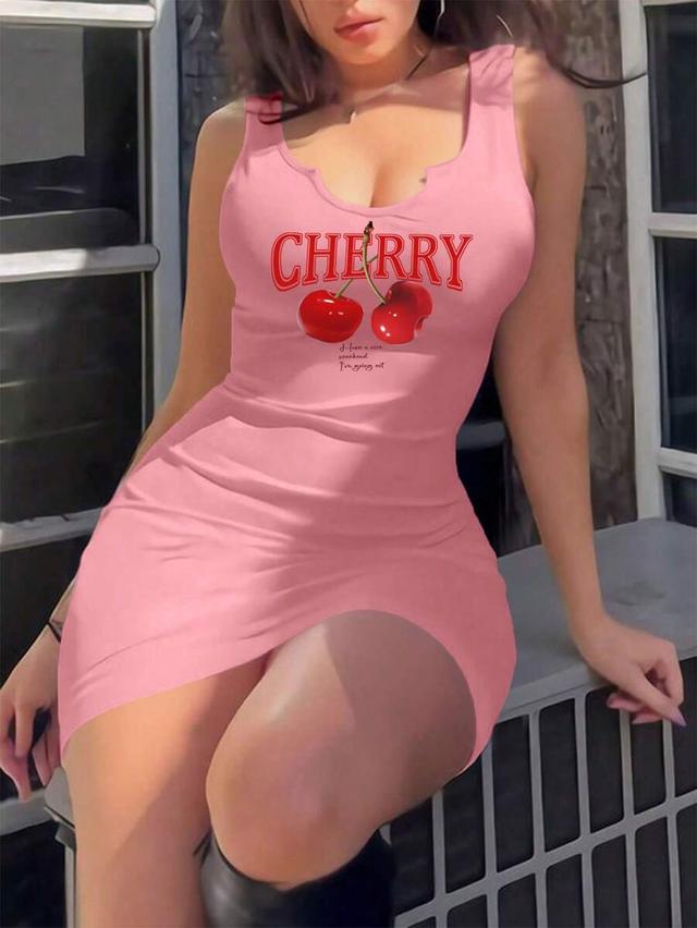 pink cherry print v-neck sleeveless bodycon mini dress