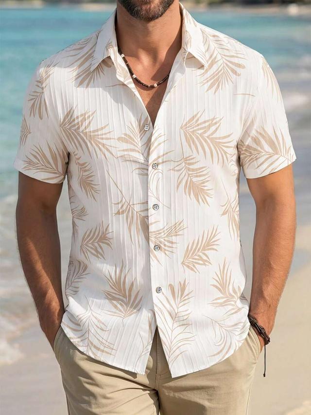 white palm leaf print button-down short sleeve shirt