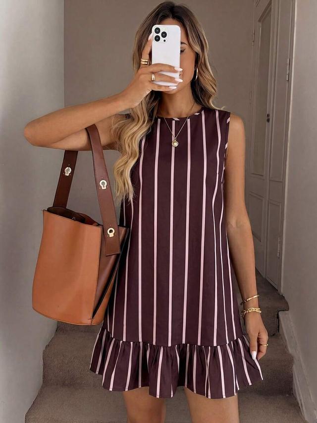 sleeveless striped a-line mini dress with ruffle hem