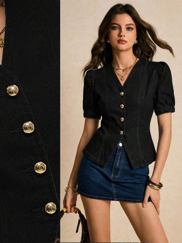 black denim v-neck petal sleeve single-breasted shirt