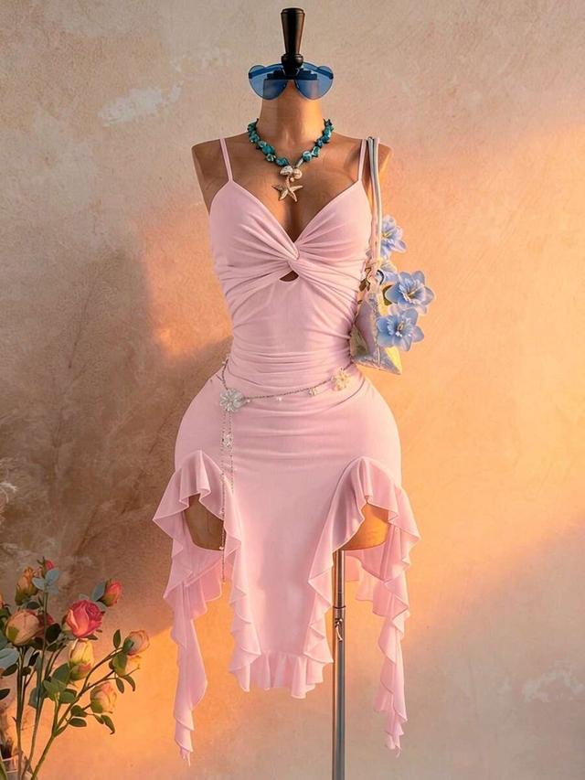 pink twist-front ruffle hem mini dress