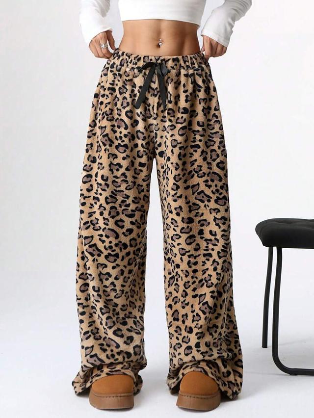 women's waist tie fluffy leopard print drawstring loose pants