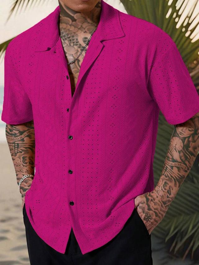 magenta geometric textured short sleeve button down shirt