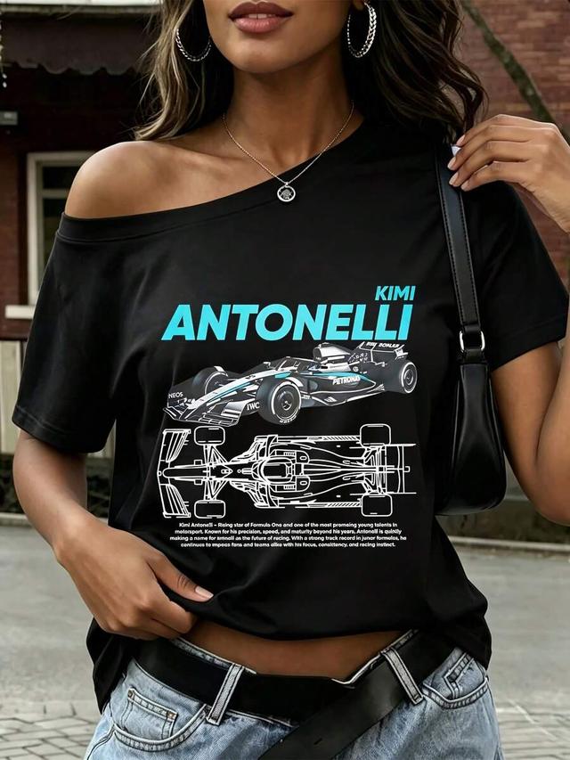 black kimi antonelli f1 graphic off shoulder cotton t-shirt