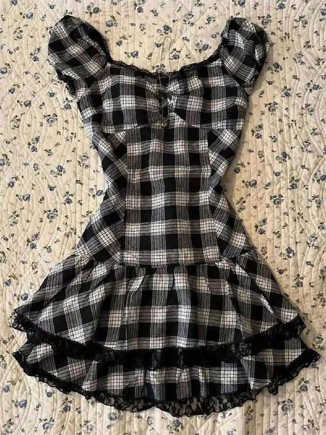 vintage sweet plaid lace patchwork mini dress
