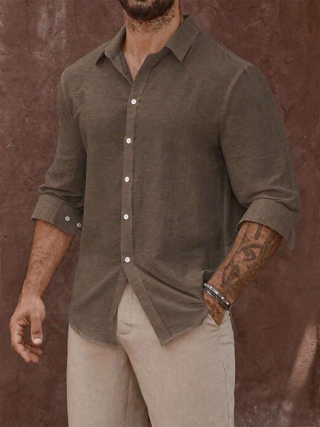coffee brown linen blend long sleeve vacation shirt