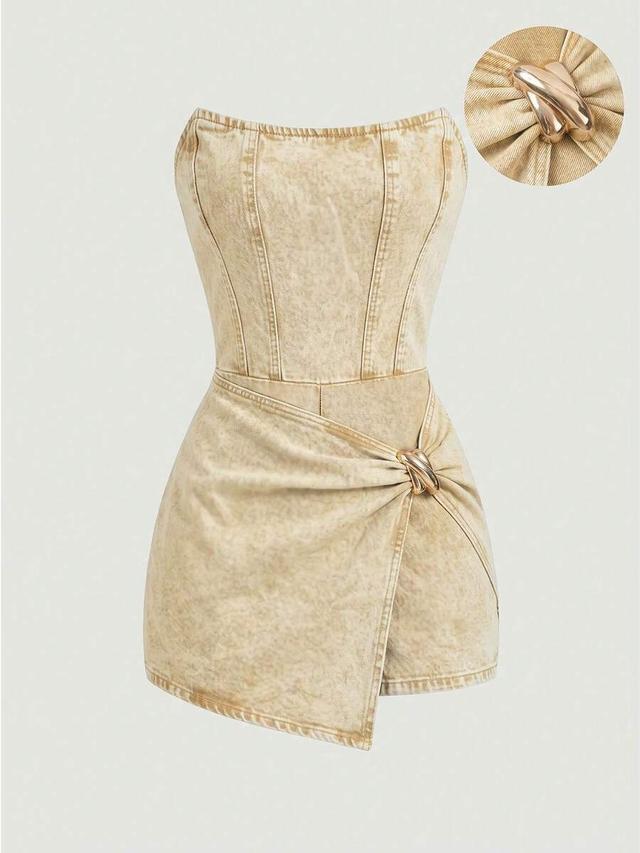 strapless acid wash denim jumpsuit with metal decor