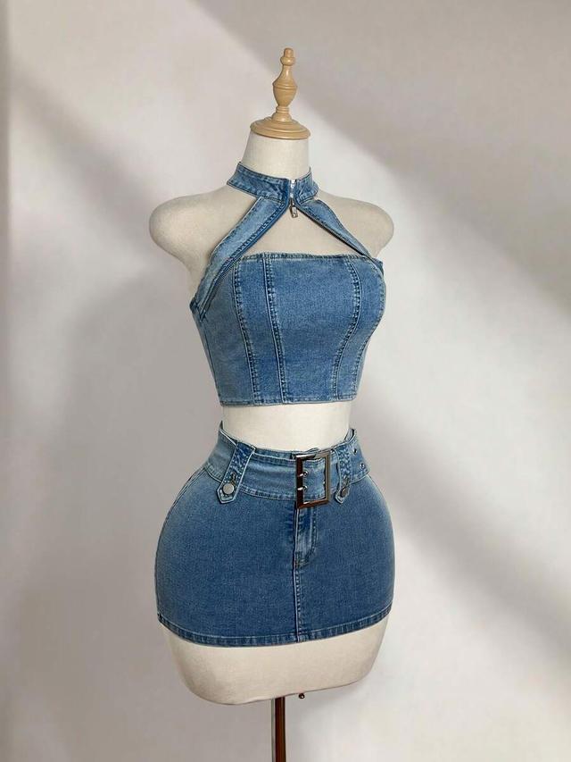 backless halter crop top and mini denim skirt set