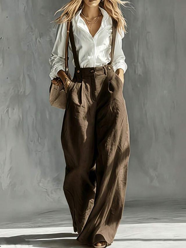 white women's brown high-waisted wide leg suspender trousers