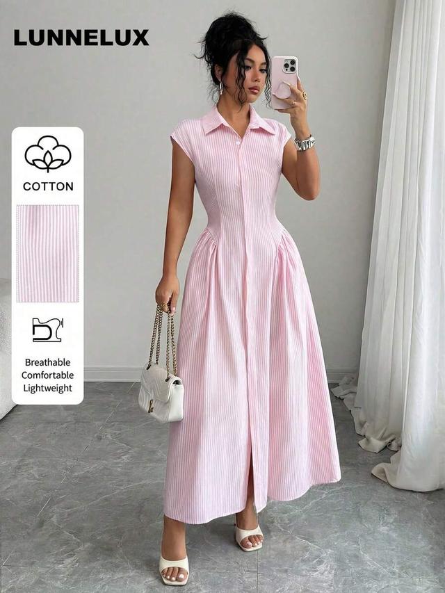 pink striped cotton shirt collar cinched waist maxi dress
